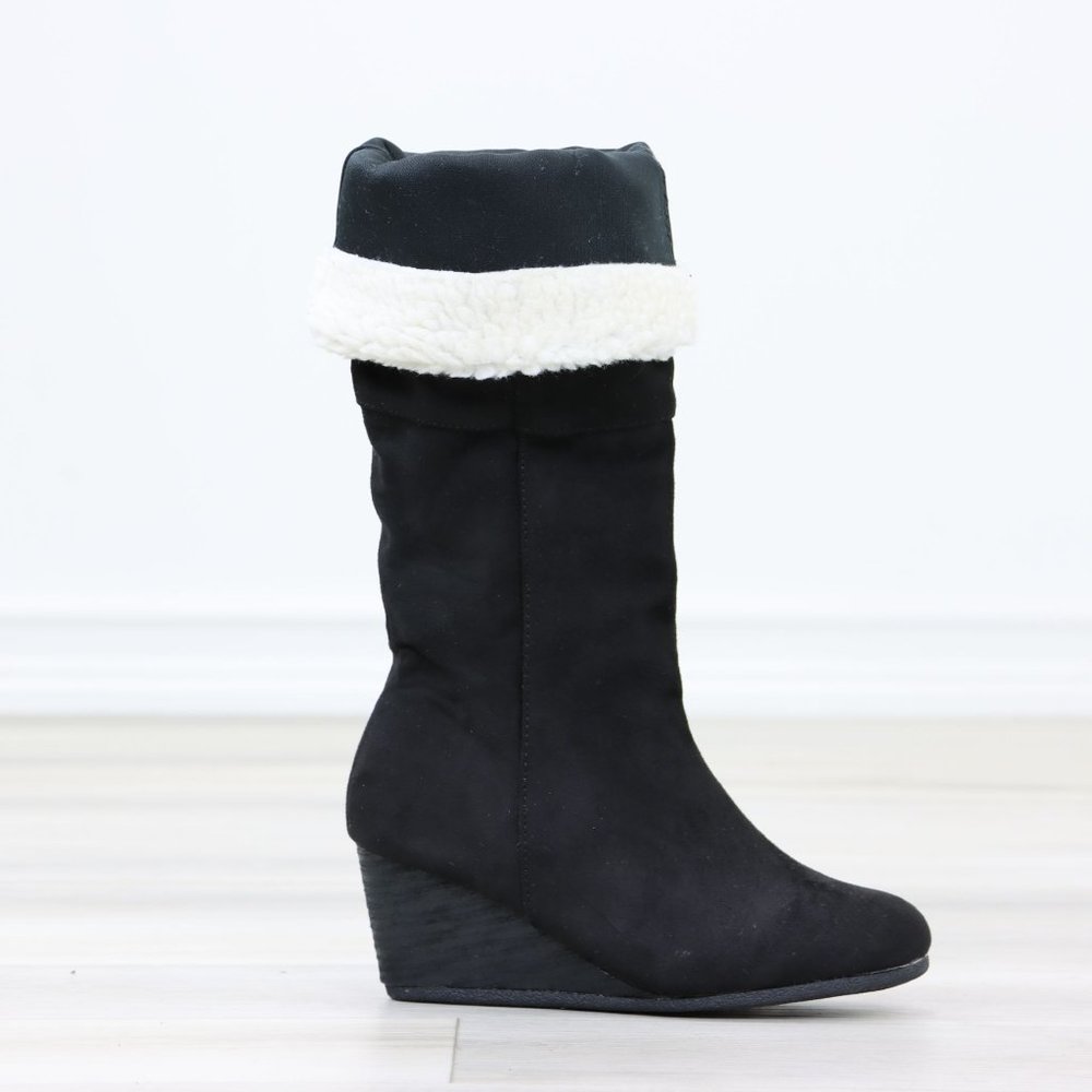 Sherpa Fold Over Black Below The Knee Wedge Heeled Boots Faux Suede - Picture 12 of 12